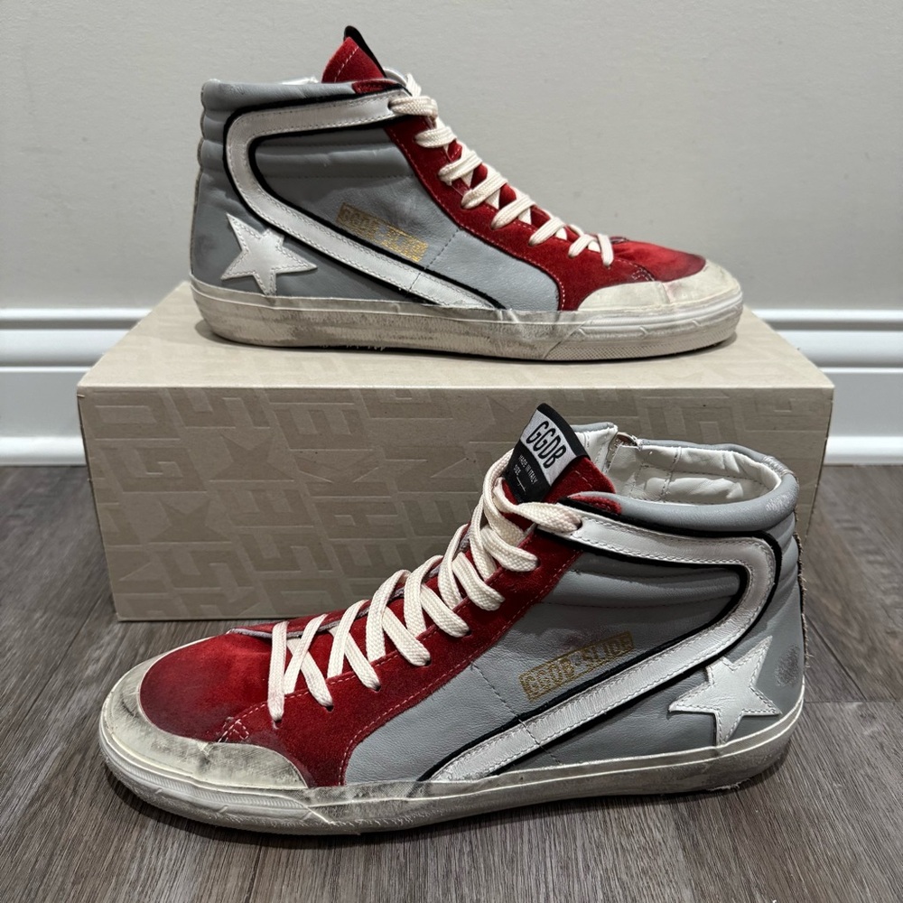 Golden Goose Slide Penstar Classic Grey Dark Red White Silver Leather Sneakers